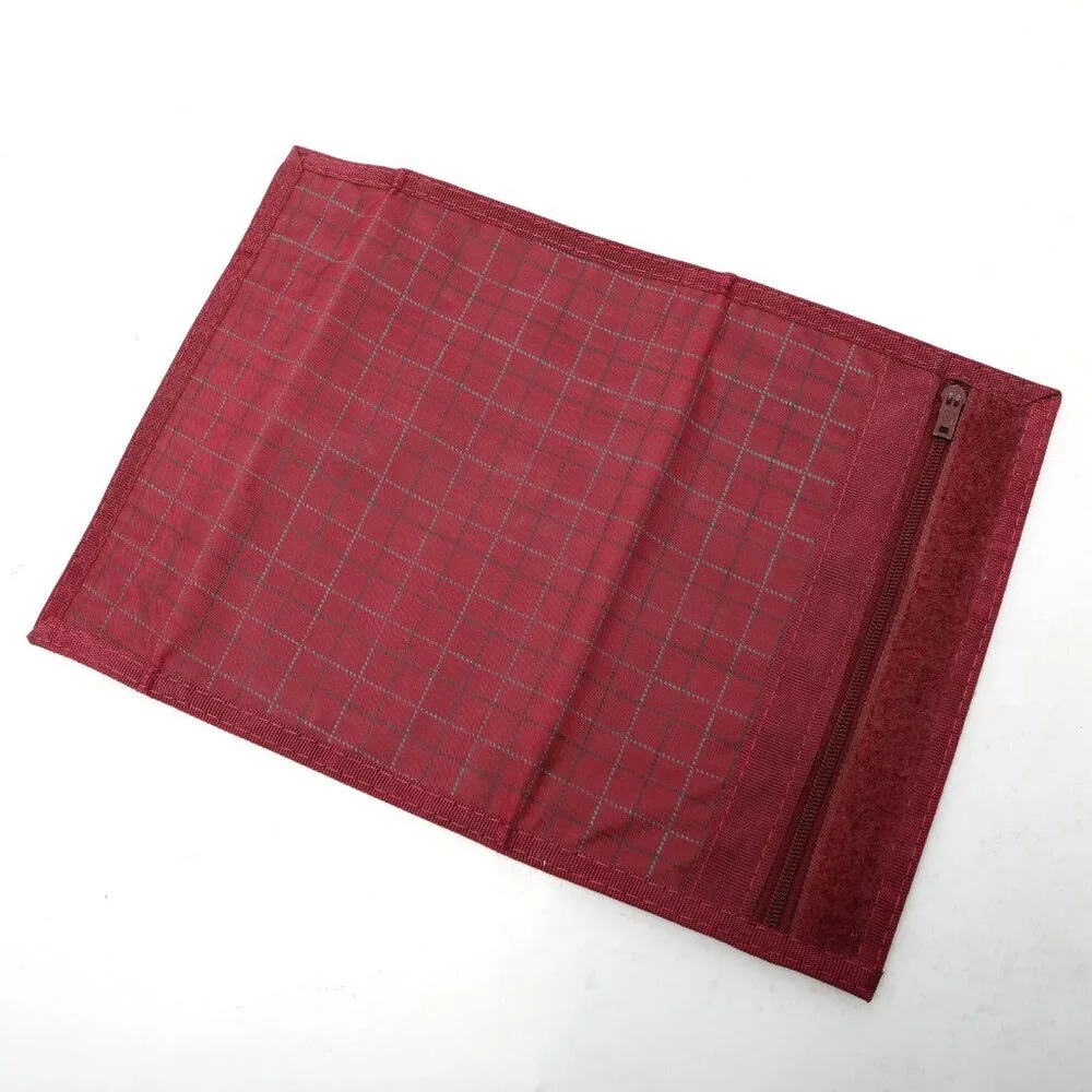 Vintage Plaid Nylon Wallet Red Burgundy Checks Zipper Velcro Closure - Picture 8 of 8